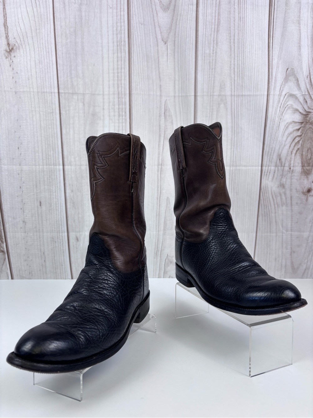 Vintage Lucchese 2000 Two-Tone Leather Western Cowboy Boots Black Brown Sz 8EE - Picture 3 of 16